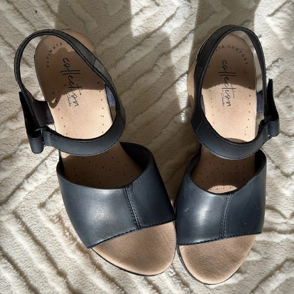 Clarks Annadel Clover Black Wedge Sandals | Size 5.5 | Comfortable Cork Heels